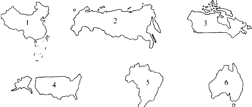 读下列各国轮廓图,回答1～5题